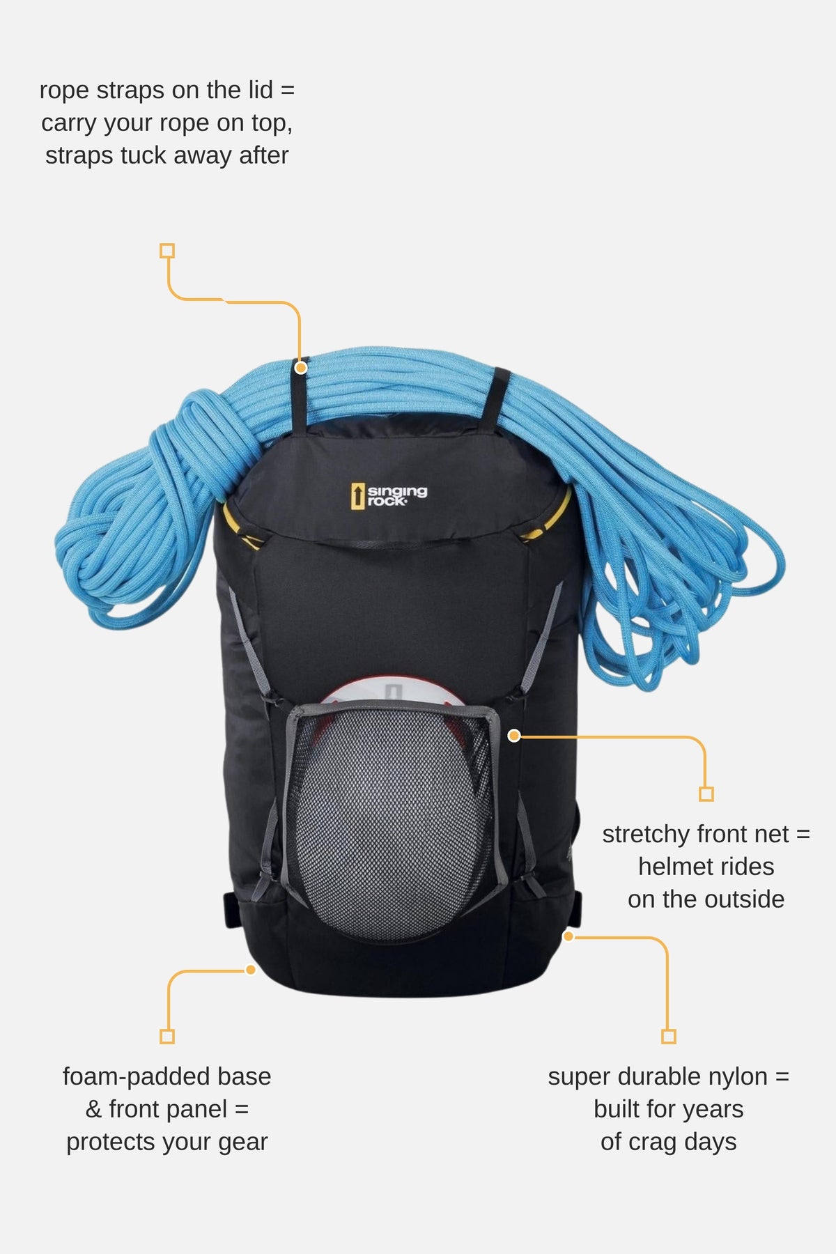 Singing Rock Rocking 40 with rope straps and helmet net labelled