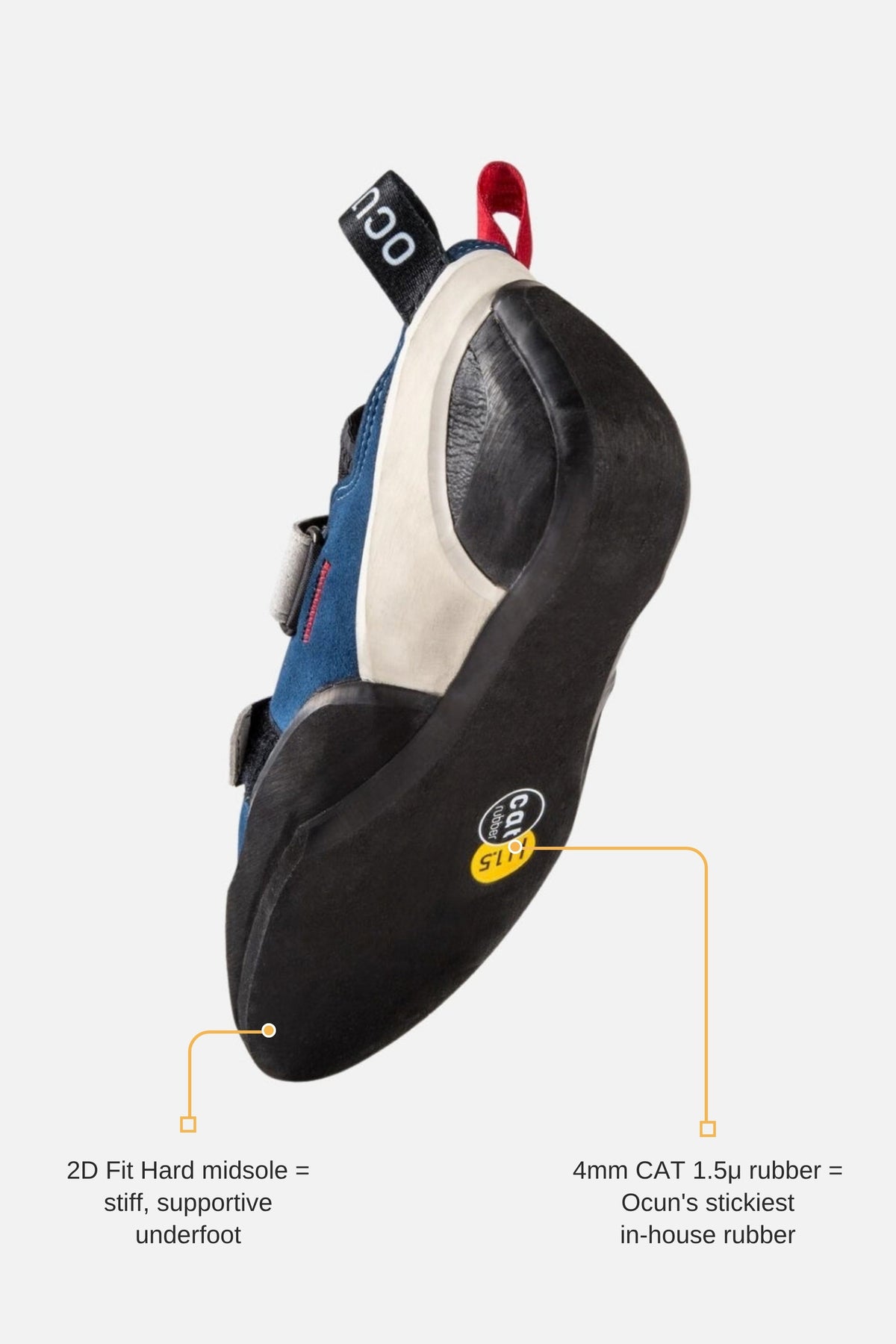 Ocun Advancer QC climbing shoe sole with features labelled: CAT rubber and 2D Fit Hard midsole