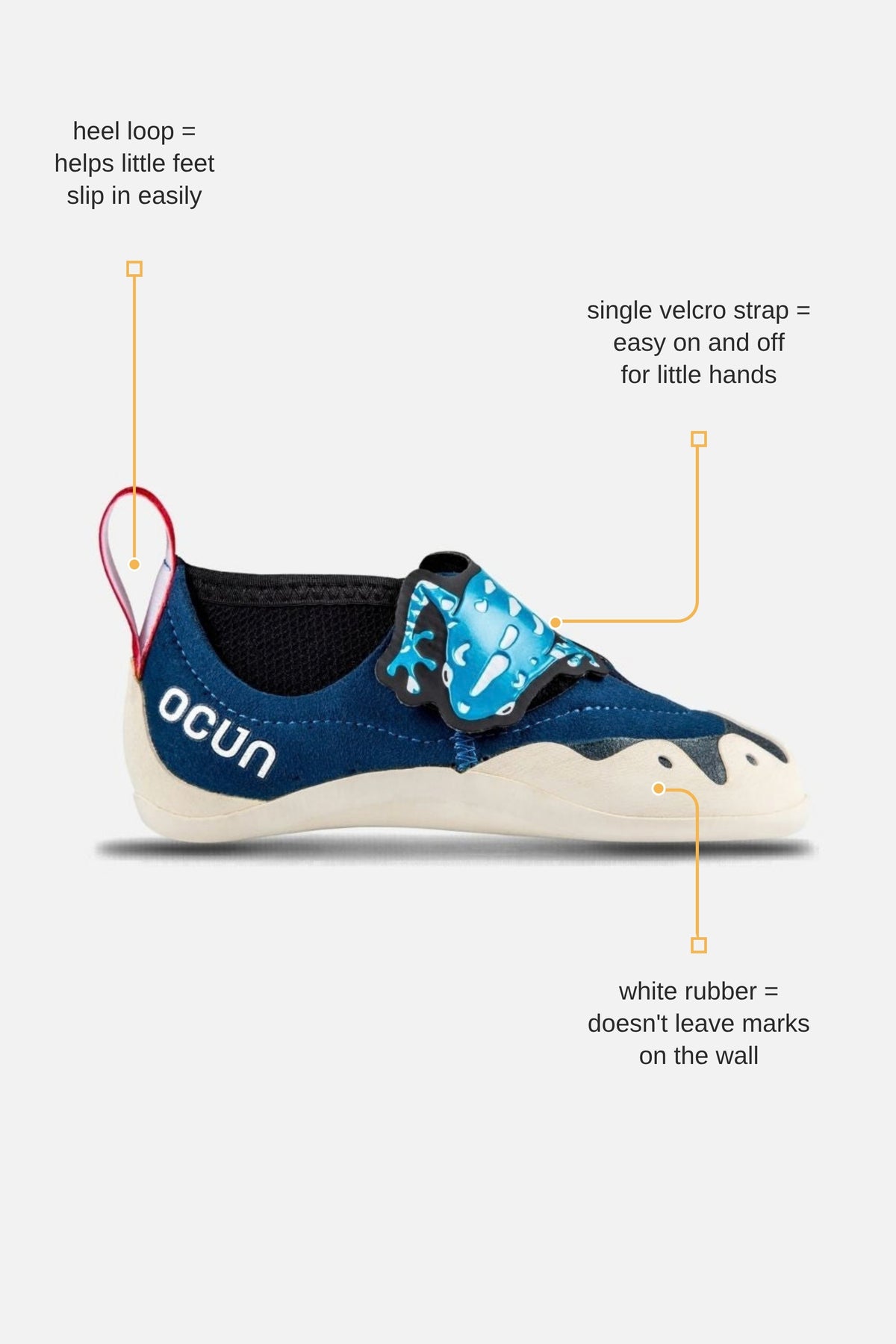Ocun Ribbit Kids climbing shoe with callouts for velcro strap, heel loop and white rubber