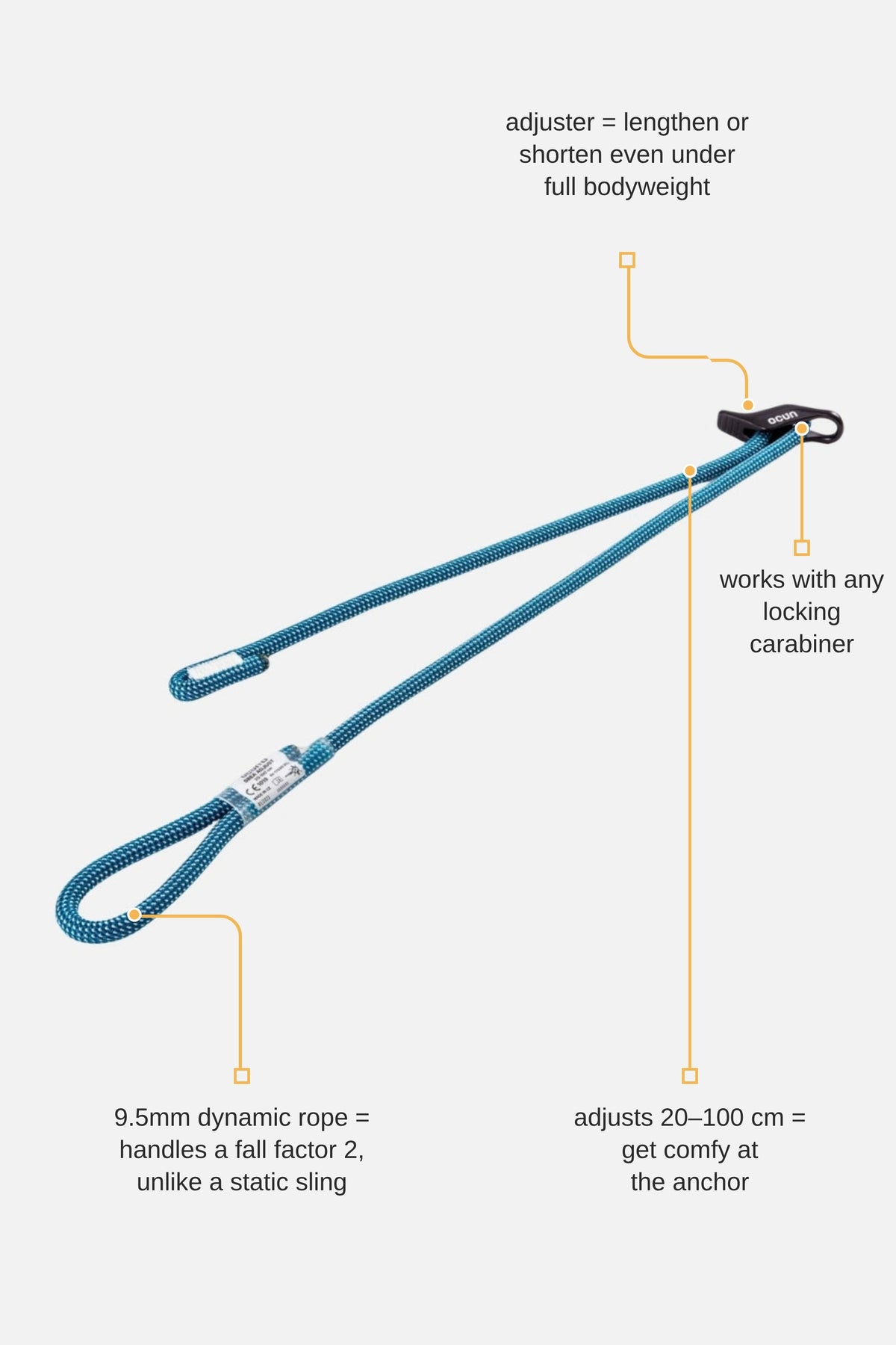 Ocun SBEA Adjust lanyard with labelled adjuster, locking carabiner, length range and rope