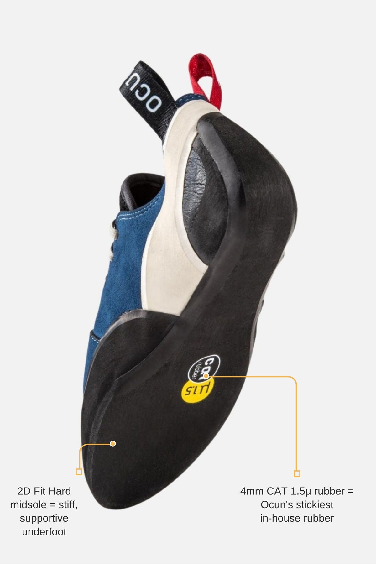 Ocun Advancer LU climbing shoe sole with features labelled: CAT rubber and 2D Fit Hard midsole