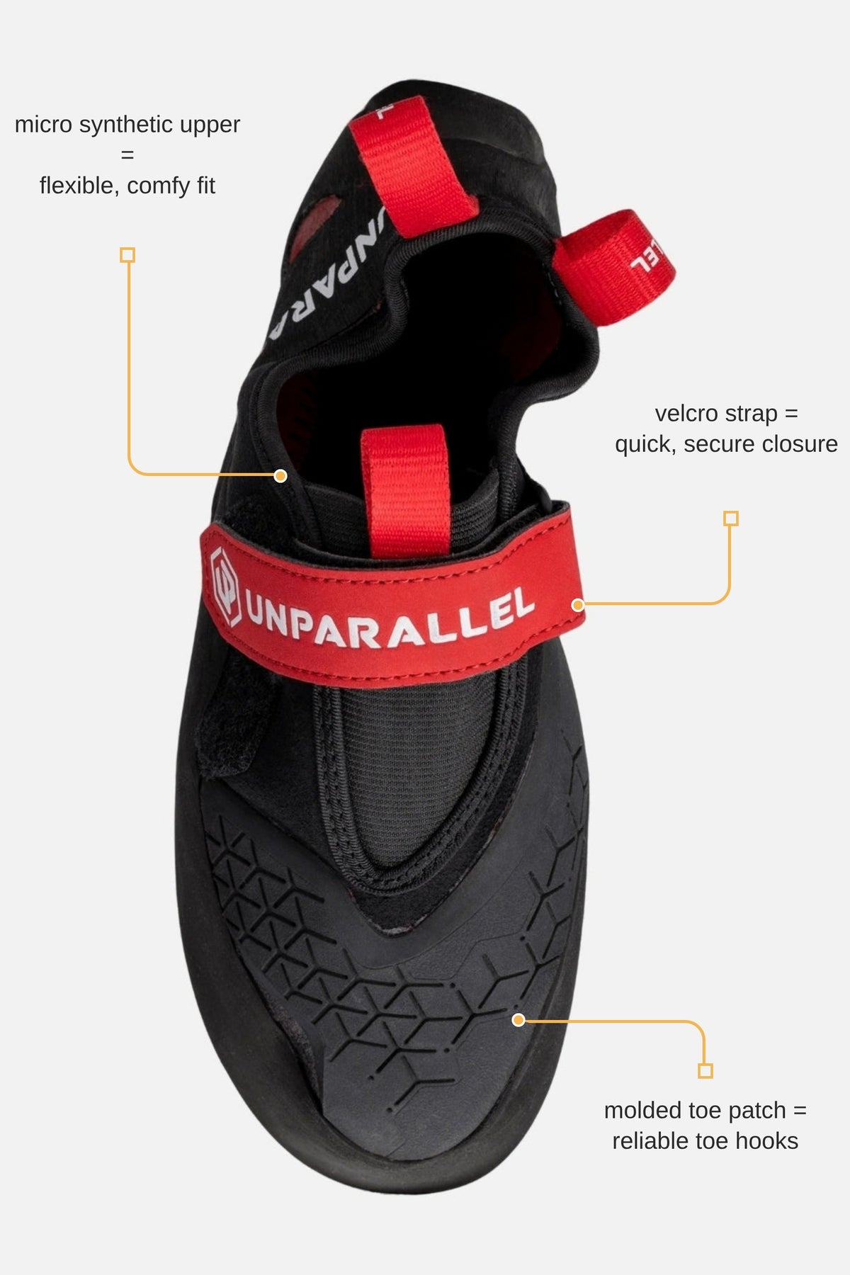 Unparallel Flagship Pro climbing shoe top view with feature callouts: velcro strap, micro synthetic upper, molded toe patch